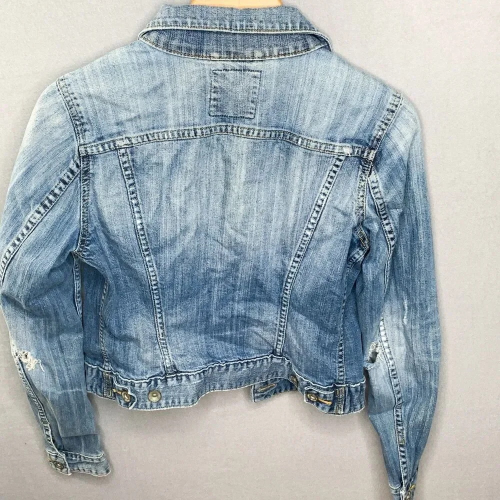 LOGG H&M Blue Faded Vintage Wash Distressed Denim Jacket Women Button Country - Picture 3 of 11